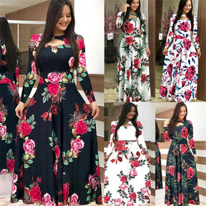 Vestido <span class=keywords><strong>Maxi</strong></span> Bohemio de <span class=keywords><strong>Playa</strong></span> para Mujer, Talla Grande, Manga Corta y Larga, Estampado Floral, Verano, Falda Completa, a la Moda, Venta al por Mayor - Product Image 1