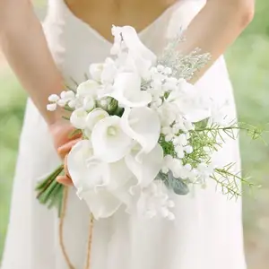 Hot Sale Silk Bridal Bouquet Wedding Flower Artificial White Luxury Calla Lily Babysbreath Bridal Bouquet
