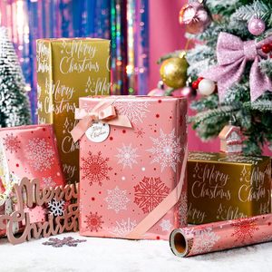 Maypluss <b>Pink</b> Christmas Wrapping Paper Roll 17in X 33ft Reversible Snowflake Design Gift Craft Packaging - Product Image 3
