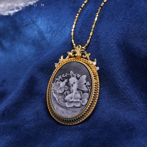<span class=keywords><strong>Broche</strong></span> pendentif en <span class=keywords><strong>argent</strong></span> S925 plaqué or avec <span class=keywords><strong>camée</strong></span> en agate sculptée en 3D Heizun, broches de créateur pour cadeau de mariage, conçues pour les femmes - Product Image 3