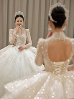 Robe de mariée principale à manches longues 2023 Nouvelle mariée Traîne longue et volumineuse Style français Petit col en V Style Cour
