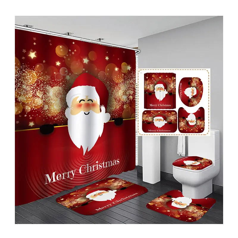 Giáng sinh phòng tắm rèm với móc tùy chỉnh phim hoạt hình in chào đón kỹ thuật số Santa in vòi hoa sen Bộ rèm