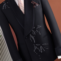 Blazer noir croisé en satin à revers châle, broderie blanche motif bambou, coupe ajustée, pour costumes de mariage formels pour hommes