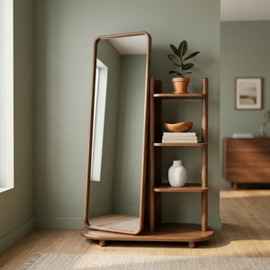 Miroir sur pied moderne en bois avec étagère, miroir de vanité pleine longueur, décoration décorative pour chambre et salle de bain - Product Image 3