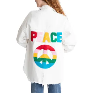 Channel jaket Denim wanita, baju Denim ukuran besar, Langsing, berjumbai, tanda perdamaian, musim semi 2024