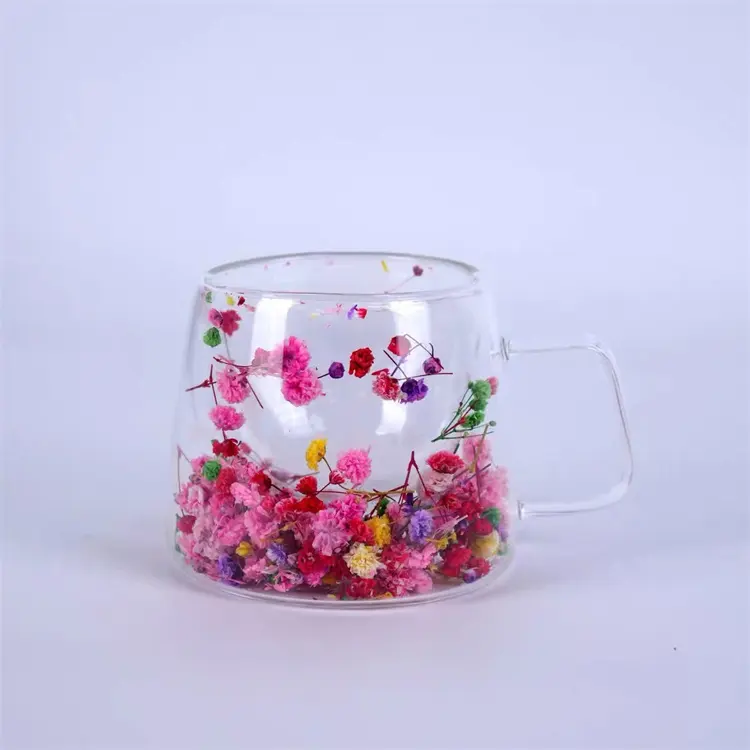 New Design Handmade High Borosilicate Creative glass mug cup with dry flower fillings