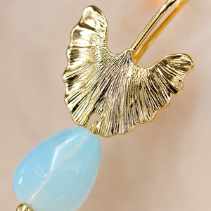 Orecchini Pendenti Vintage a Forma di Foglia di Ginkgo in Tono Oro con Pietra Colorata, Orecchini Creativi per Donne - Product Image 4