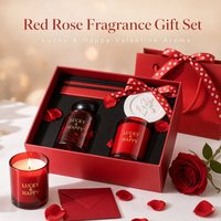 Coffret Cadeau Bougie Parfumée Rose Rouge et Osmanthus, Diffuseur à Bâtonnets, Fleur en Céramique, Ruban Rouge, Carte avec Message 120ml