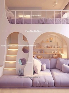 Cama litera minimalista <span class=keywords><strong>de</strong></span> madera maciza <span class=keywords><strong>de</strong></span> dos pisos para niña, modelo Purple Princess, con sofá inferior multifuncional. - Product Image 2