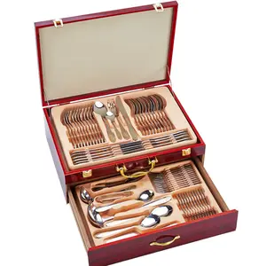  72pcs di promozione cena coltello forchetta cucchiaio set regalo con la scatola di legno posate in acciaio inox set con il contenitore di regalo