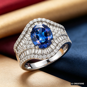 Bague personnalisée en or massif 10K/14K/18K avec saphir ovale de laboratoire, sertie de diamants en griffes, halo de diamants, certifiée IGI, taille brillant 10x8mm, VVS-VS - Product Image 2