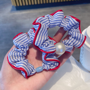 Chouchous élastiques en tissu rayé bleu bords rouges pour femmes et filles retour à l'école accessoires de <span class=keywords><strong>cheveux</strong></span> en gros - Product Image 3