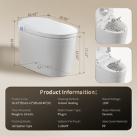 WC intelligent sans réservoir en céramique avec bidet intégré, monobloc, chasse automatique, ouverture/fermeture automatiques, siège chauffant, lavage à bulles, eau chaude, séchage