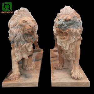 Statue de lions de <span class=keywords><strong>marche</strong></span> en <span class=keywords><strong>marbre</strong></span> rouge coucher de soleil décoratif extérieur - Product Image 1
