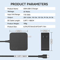 Kabel Terintegrasi USB-C PD 65W dengan Colokan EU UK US, Adaptor Daya Laptop Tipe C, Pengisi Daya Notebook untuk HP Dell Lenovo Acer Asus