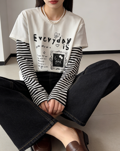 Camiseta de Dos Piezas con Estampado Digital Ecológico para Mujer, Estilo Gótico, Linda, con Estampado de Dibujos Animados Hechos a Mano, Manga Larga a Rayas para Moda Alternativa - Product Image 1