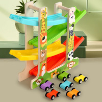 Juguete Educativo de Madera para Niños Unisex, Vehículo con Escalera de Cuatro Niveles, Coche Deslizante, Pista de Carreras Colorida, para Niños de 5 a 7 Años