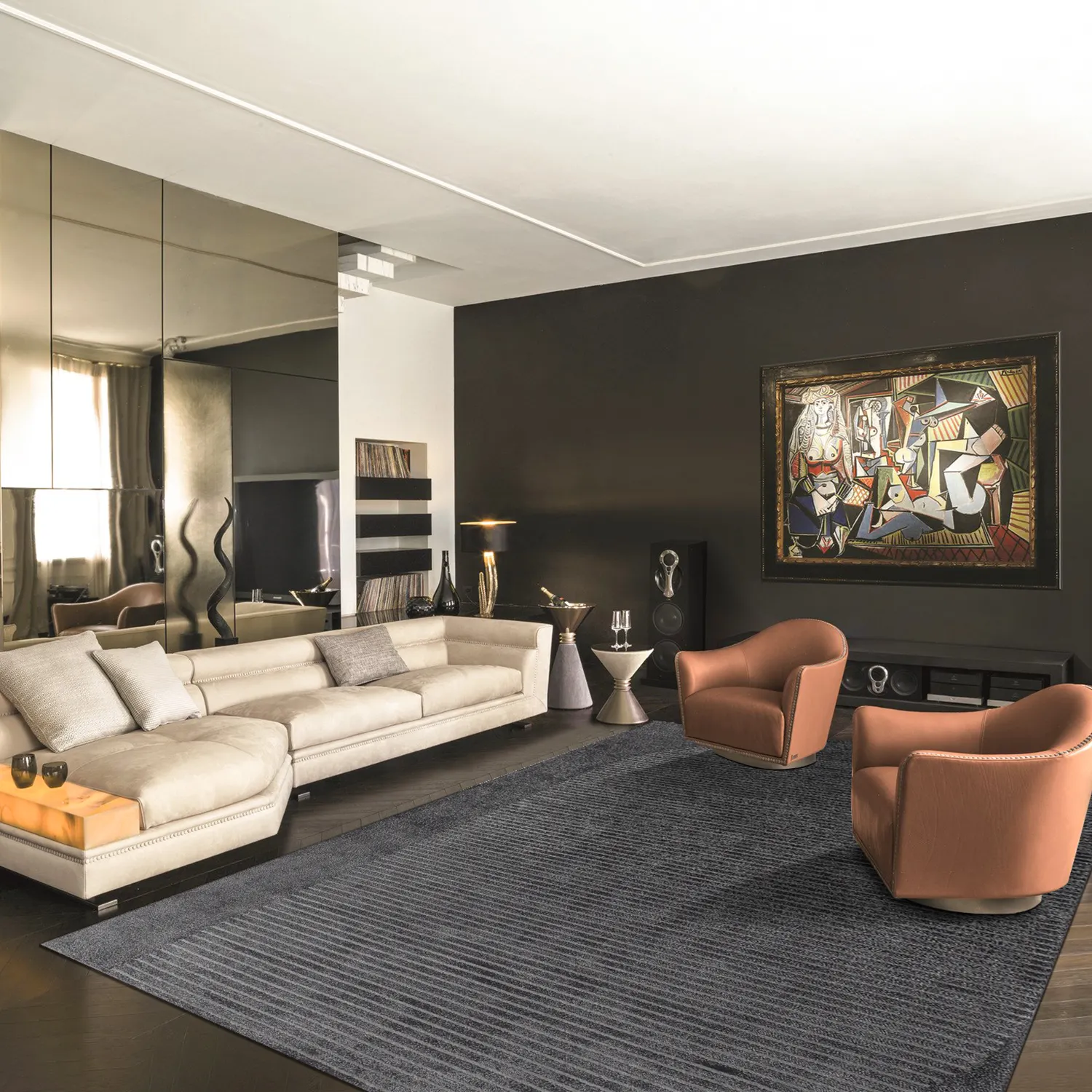 High end luxury black lines hand tufted wool bamboo silk rug living room area rug
