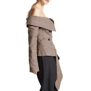 Giacca giacca a quadri a quadri a manica lunga personalizzata di alta qualità con bottone asimmetrico <span class=keywords><strong>Tweed</strong></span> da donna con spalle scoperte - Product Image 5