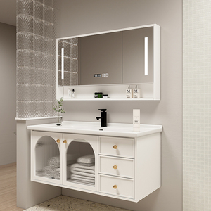 Muebles de baño modernos color crema, lavabo y gabinete combinados, gabinete de pared para baño - Product Image 4