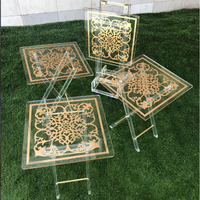 Table pliante en acrylique, table à thé carrée, ensemble de table basse en acrylique avec calligraphie arabe dorée
