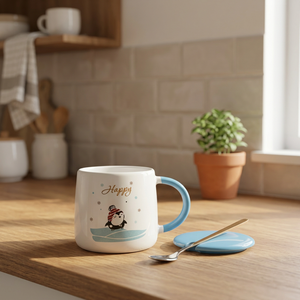 แก้วกาแฟลายเพนกวินน่ารัก ชุดแก้วน้ำชาพร้อมฝาและช้อน แก้วน้ำลายเพนกวินแปลกใหม่ - Product Image 2