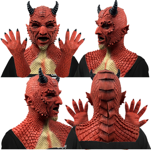 Máscara de demonio Belial de látex rojo con cuernos y garras, accesorios de disfraz de Halloween aterrador - Product Image 2
