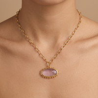 Collier pendentif ovale en quartz rose naturel de grande taille, chaîne à maillons ovales plaquée or 18 carats, collier pendentif artisanal perlé de créateur