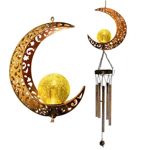 Turtle Moon Sun Fairy Hanging Outdoor Crackle Glass Ball Metal Copper Solar LED Memorial Musical Wind Chimes for Yard Patio Lawn