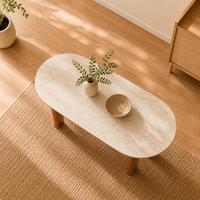 Table à manger ovale moderne en bois massif avec plateau aspect marbre et pieds en arche en bois, écologique