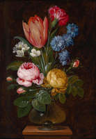 Bouquet de fleurs aux couleurs riches, huile sur toile : Fleurs corailles dans un vase cobalt, coups de pinceau texturés sur toile marron chaud