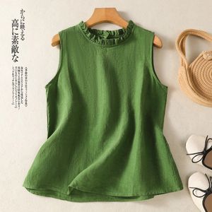Women Sleeveless Top Black Ruffled Neck Cotton Linen Breathable Summer Vest - Product Image 2