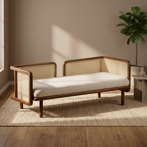 Minimalist Square Solid Teak Wood Daybed Natural <b>Rattan</b> Backrest Scandinavian Lounge <b>Sofa</b> Chair Set Living Room Hotel Projects - Product Image 3