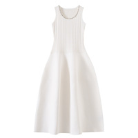 Nouvelle Robe Midi Évasée en Maille pour Femme, Style Français, Été 2026, Col Rond, Sans Manches, Ornée de Strass, Couleur Unie