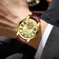 Montre automatique pour homme, boîtier en or, design tourbillon, bracelet en cuir marron, cadran à chiffres romains