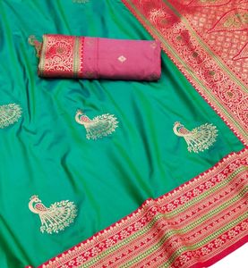 Soft Texture Green Silk <b>Saree</b> With Peacock Embroidery <b>Red</b> Border with Blouse Material For Wedding And Festival Wear - Product Image 1
