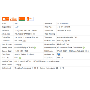 800:1 NV140FHM-N61/2/<span class=keywords><strong>3</strong></span>/4/5/6/7/9 No Touch 16:9 <span class=keywords><strong>LCD</strong></span> 14.0 "Module d'écran 1920*1080 WLED nouvel écran <span class=keywords><strong>LCD</strong></span> pour ordinateur portable EDP 30 broches 63% SRGB - Product Image 6