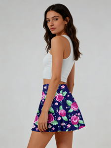 กระโปรงมินิทรงเอเอวสูงสีน้ำเงินกรมท่าลายดอกกุหลาบสีชมพูสำหรับผู้หญิง ผ้าใยนมยืดหยุ่นสูง สไตล์วายทูเค ย้อนยุค ลำลอง - Product Image 4