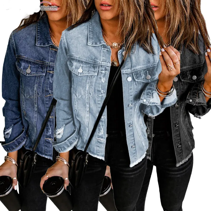 2024 Wholesale New Design Fashion Casual Ripped Distressed Vintage Washed Women Jean Denim Jackets