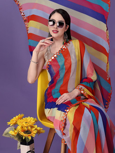 Sari indien en georgette avec imprimé multicolore pour femmes, tenue décontractée, vêtements ethniques, nouveau design, sari imprimé Lahariya - Product Image 6