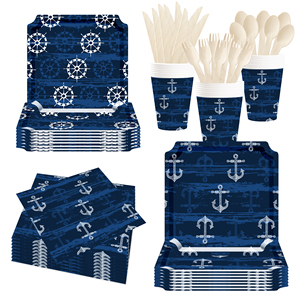 DAMAI - Juego de Vajilla de Papel Personalizado con Tema de Navegación en Azul Oscuro, Platos, Vasos y Servilletas de Papel para Cumpleaños de Niños - Product Image 1
