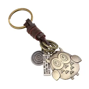 Feather Eagle Decor Car Fob Keychain Retro Bronze Owl Metal Keyring Braided Cattle Leather Key Chain Women Men Bag Pendant Gift