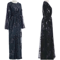 Robe noire pour femme, col rond, à sequins brodés, motif pivoine, avec cardigan ouvert, ceinture à pompons, patchwork en maille et volants, style bureau et quotidien, modeste