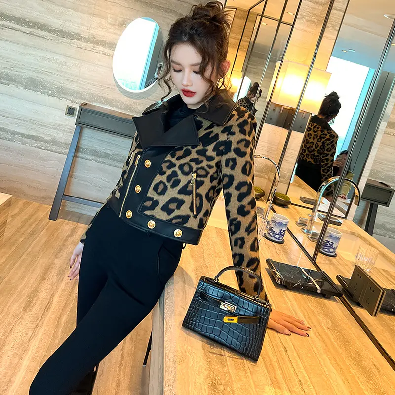 ZYHT 6215 Wanita Pakaian Musim Gugur Leopard Luar Ruangan Musim Dingin Croppd Wanita Hitam Patchwork Motor PU Jaket Kulit untuk Wanita