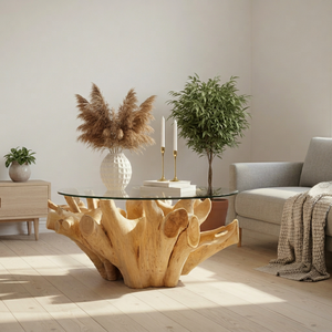 Table à manger moderne en bois massif avec plateau en verre, table basse rustique, meuble d'appoint pour salon - Product Image 1