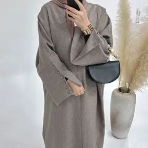 2024 Wholesale Islamic Turkey EID Ramadan Modest Dubai Abaya Buttons Girl Plain Women Muslim Dress Linen Open Kimono Abaya