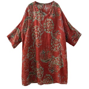 Retro Print Mid Sleeve V Neck Cotton Linen Loose Dress Breathable Daily Wear Women Casual Style - Product Image 5