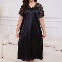 Camisón de satén bordado con cuello en V para mujer, talla grande, liso, suave, sexy, transpirable, sencillo, de manga corta, holgado, para dormir en casa, de verano