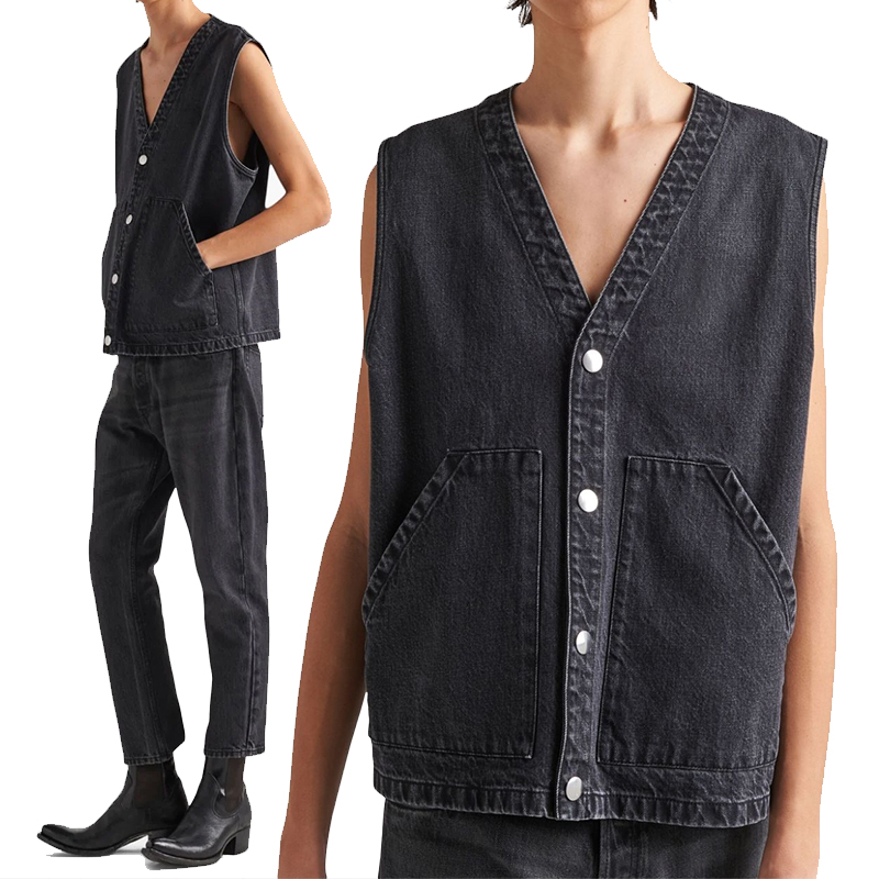 Custom Zwart Vervaagd Oversized Denim Vest V-Hals Mouwloze Knopen Fly Jean Jack Voor Mannen