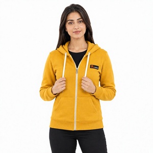 Tiierwear Women's <b>Yellow</b> Zip-Up <b>Hoodie</b> Fleece Cotton Blend Solid Color Front Logo Autumn Wear Regular Fit - Product Image 1